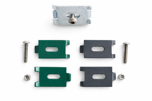 Mattenhalter und Eckverbinder: verzinkter Verbinder, Klemmplatten grün und anthrazit, Schrauben