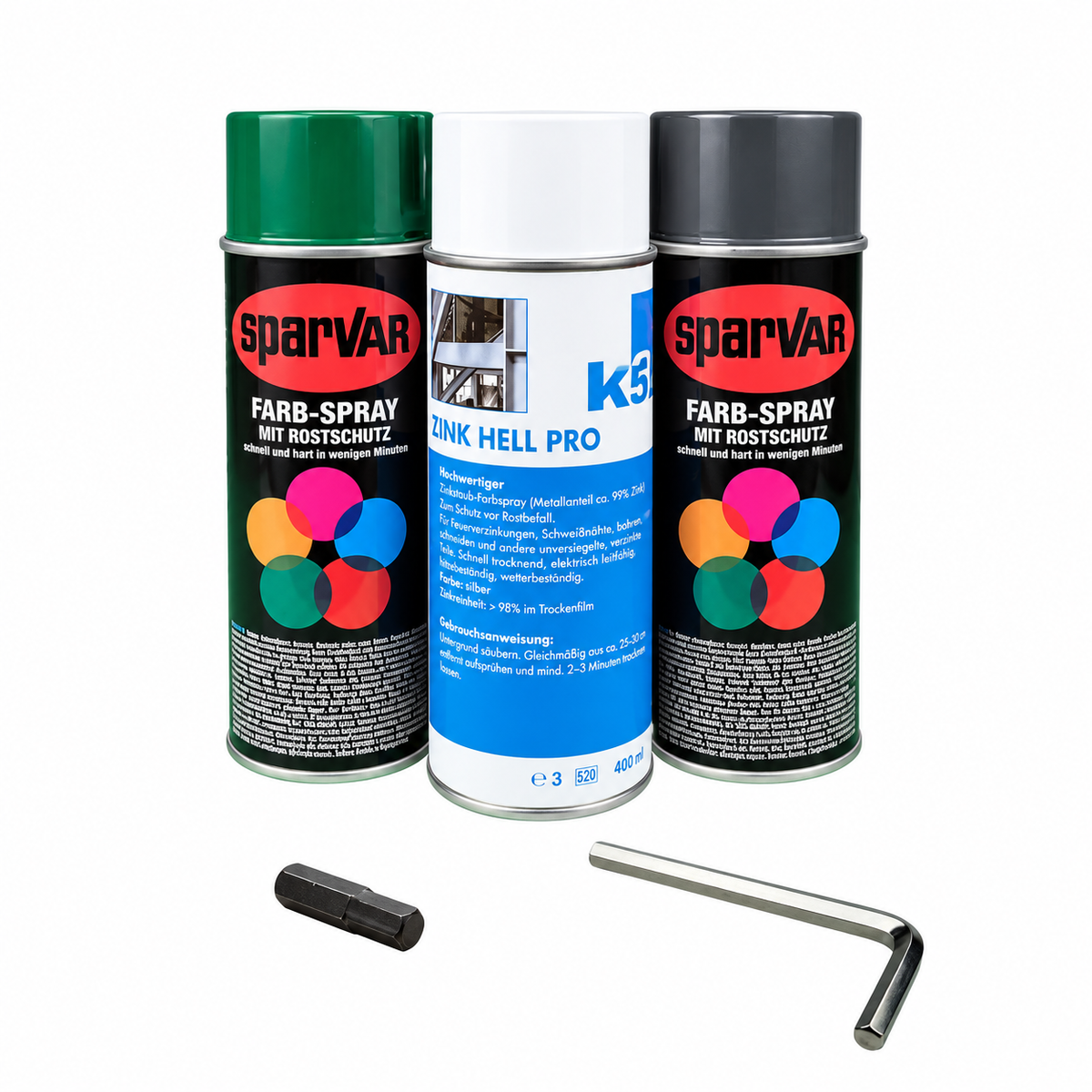 Farb- und Winkelschraubendreher-Set: drei Spraydosen, Bit und Winkelschraubendreher