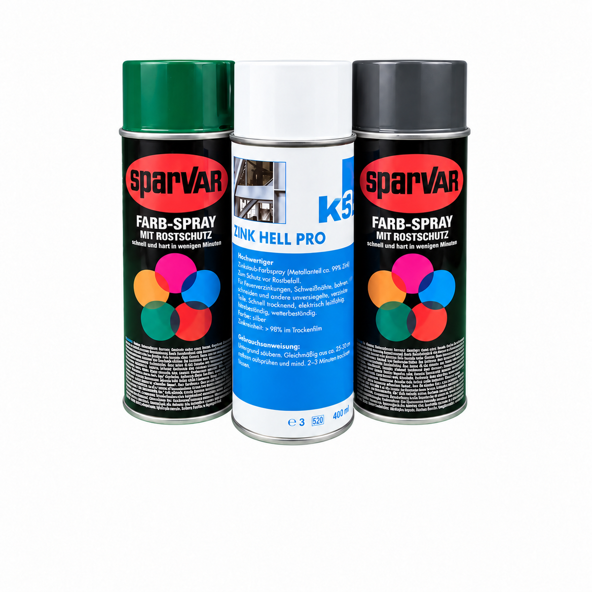 Farbspray 400 ml: Spraydosen in Moosgrün, Zinkspray hell und Anthrazit nebeneinander