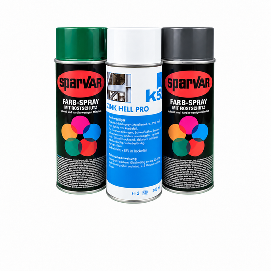 Farbspray 400 ml: Spraydosen in Moosgrün, Zinkspray hell und Anthrazit nebeneinander